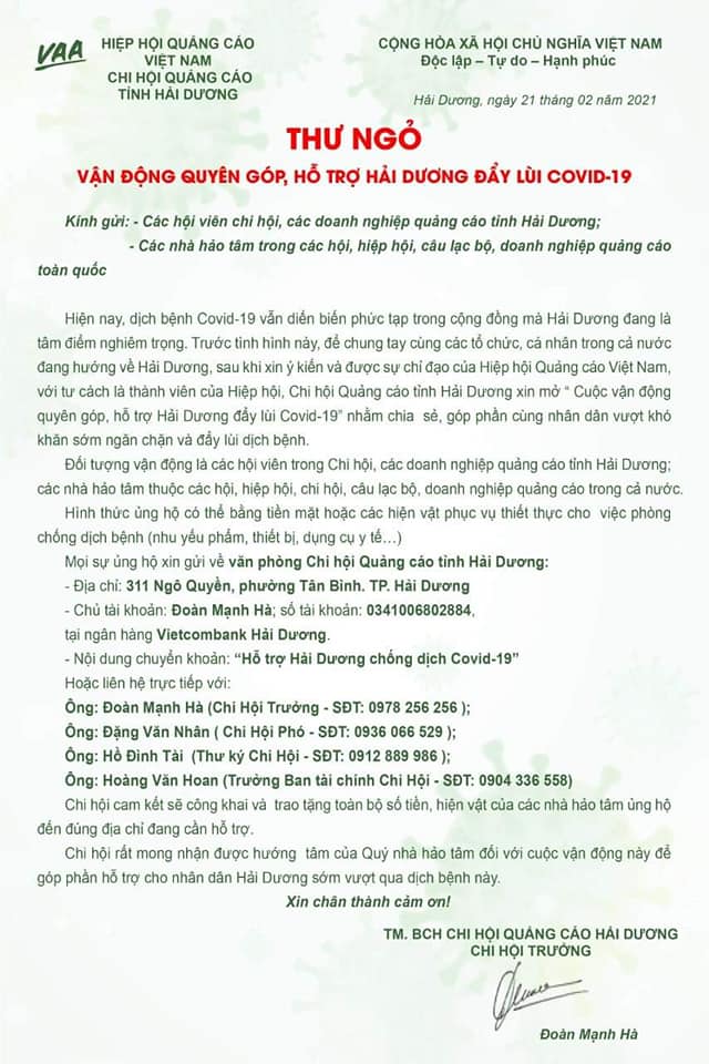 thư ngỏ ủng hộ chống dịch covid19 hải dương