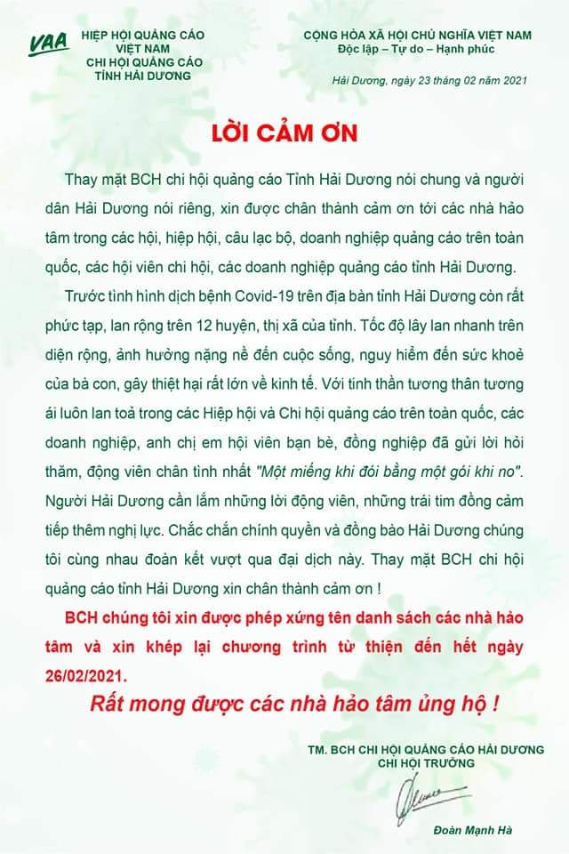 hội quảng cáo hải dương cảm ơn ủng hộ chống dịch covid 19
